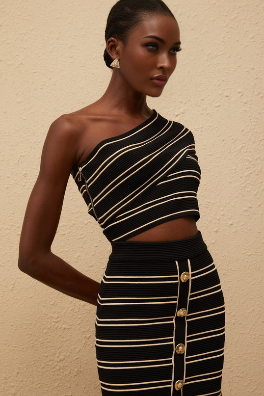 Faustine Black Striped Knit Top & Skirt Set in Black and Gold-tone with Metallic Threading