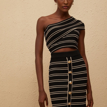 Faustine Black Striped Knit Top & Skirt Set in Black and Gold-tone
