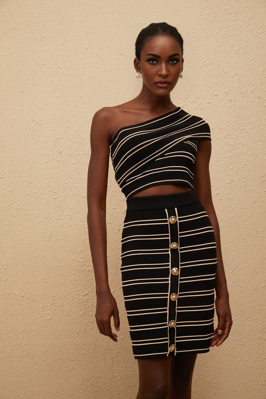 Faustine Black Striped Knit Top & Skirt Set in Black and Gold-tone