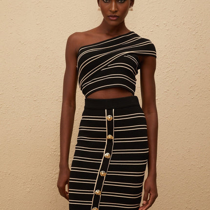 Faustine Black Striped Knit Top & Skirt Set in Black and Gold