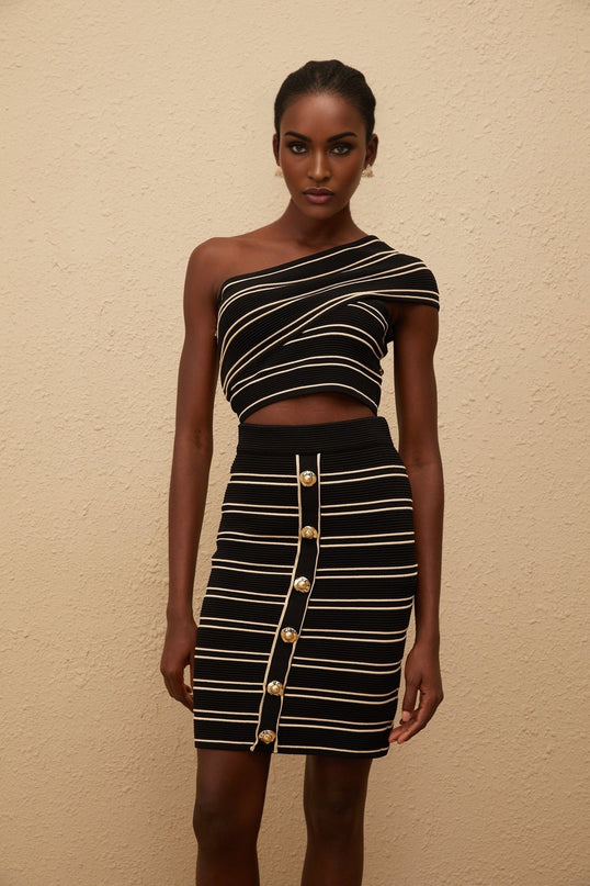 Faustine Black Striped Knit Top & Skirt Set in Black and Gold