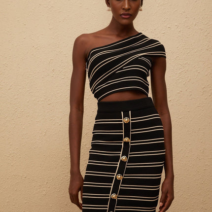 Faustine Black Striped Knit Top & Skirt Set in Black and Gold
