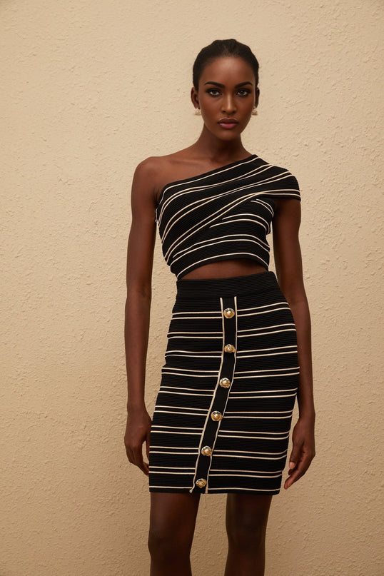 Faustine Black Striped Knit Top & Skirt Set in Black and Gold