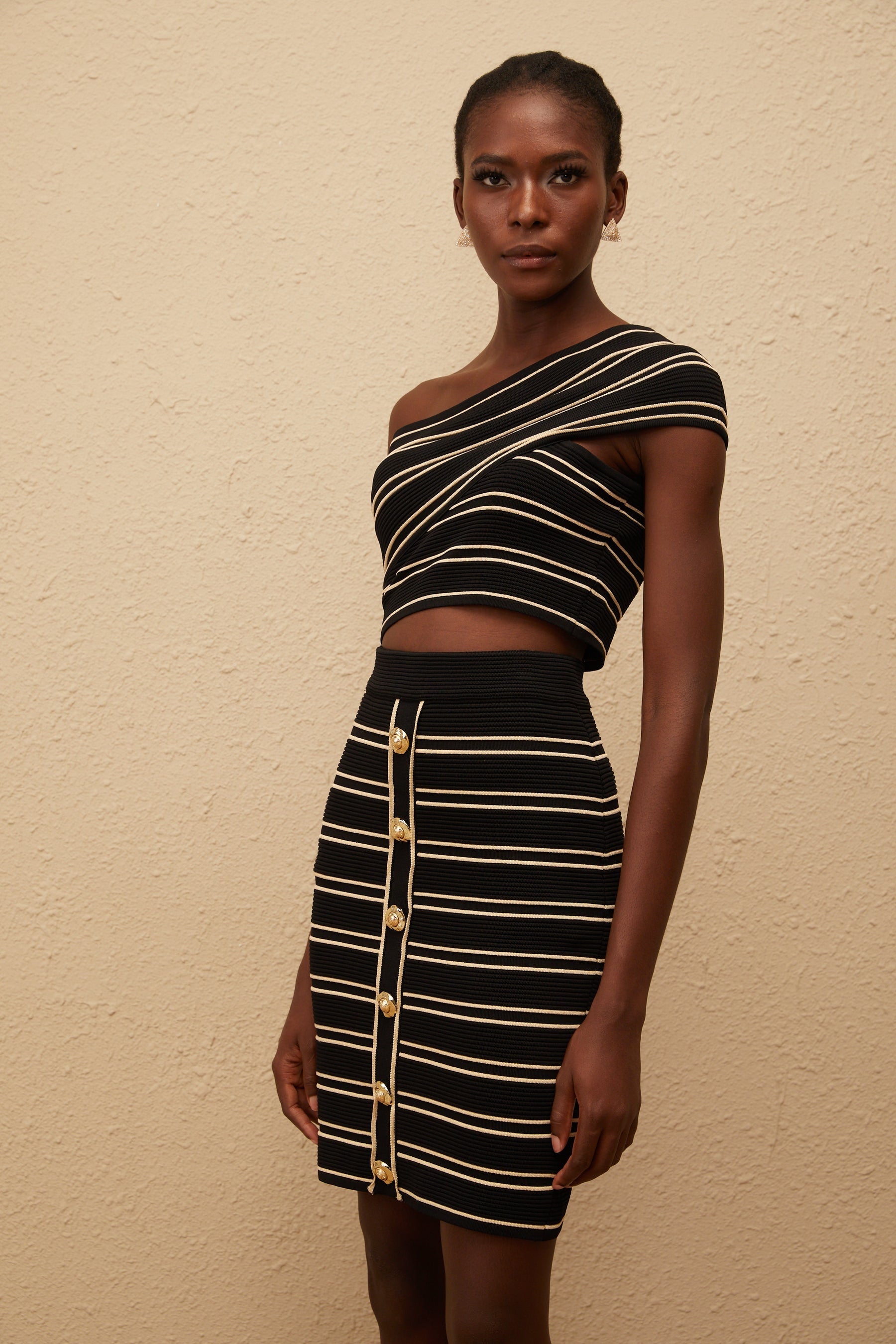 Faustine Black Striped Knit Top  Skirt Set