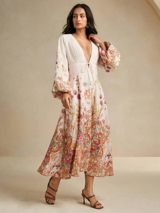 Faux Linen Floral Print Long Sleeve Dress Romantic Resort Style For Early Autumn