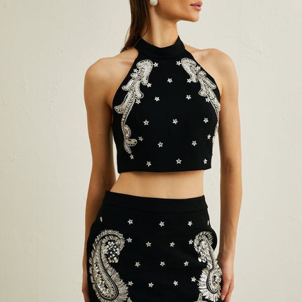 Federica Black Crystal Embellished Skirt Top Set