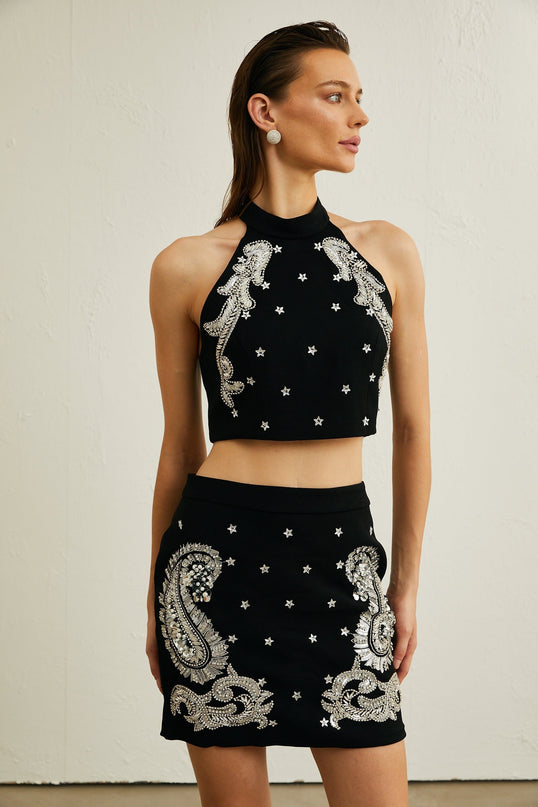 Federica Black Crystal Embellished Skirt Top Set