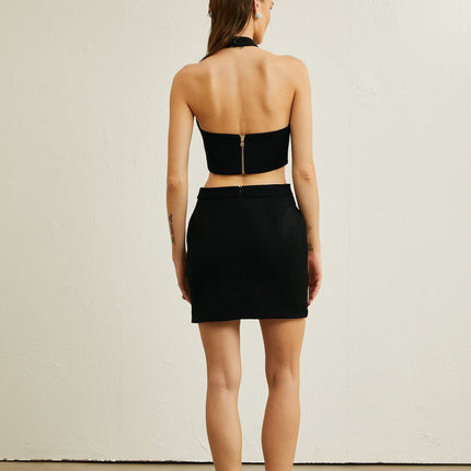 Federica Black Crystal Embellished Skirt Top Set