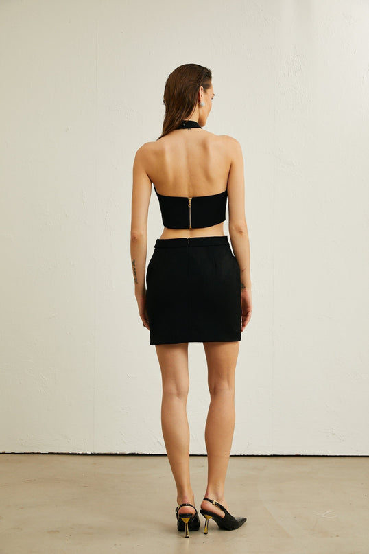 Federica Black Crystal Embellished Skirt Top Set