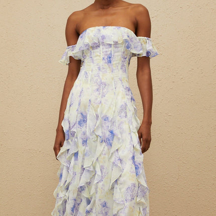 Federica Blue Floral Maxi Dress Ruffled Off-Shoulder Silhouette
