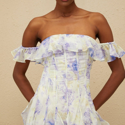 Federica Blue Floral Maxi Dress with Ruffled Off-Shoulder Silhouette