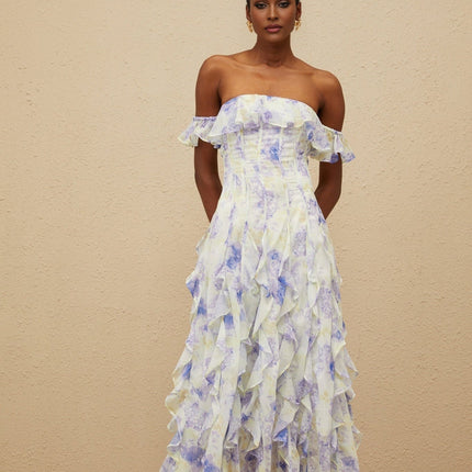 Federica Blue Multicolor Floral Maxi Dress with Ruffled Off-Shoulder Silhouette