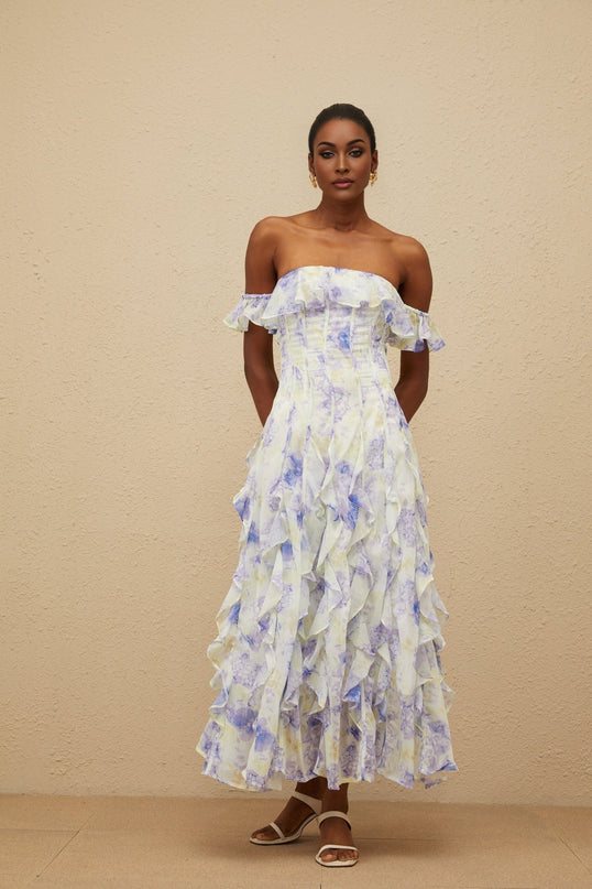 Federica Blue Multicolor Floral Maxi Dress with Ruffled Off-Shoulder Silhouette