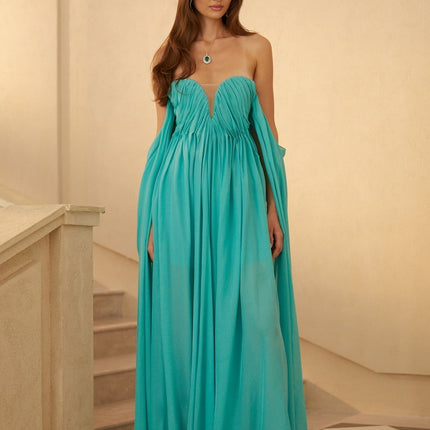 Federica Maxi Dress in Enchanting Turquoise Green with Sweetheart Neckline and Tulle Panelling