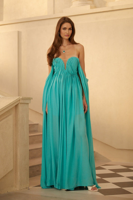 Federica Maxi Dress in Enchanting Turquoise Green with Sweetheart Neckline and Tulle Panelling