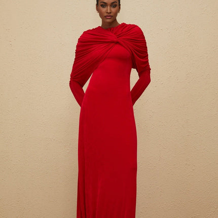 Federica Red Maxi Dress with Cape and Ruched Detailing