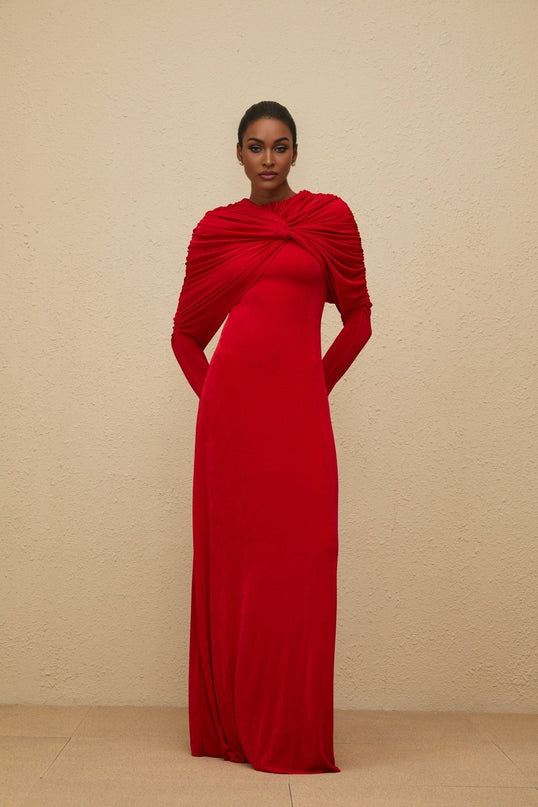 Federica Red Maxi Dress with Cape and Ruched Detailing