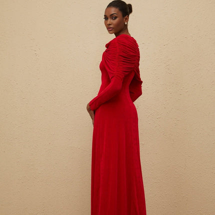 Federica Red Maxi Dress with Cape Design and Ruched Detailing