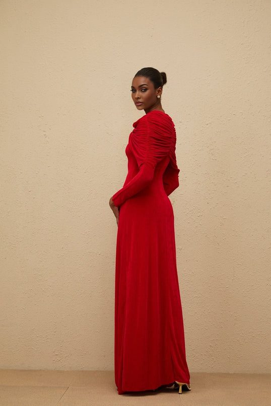 Federica Red Maxi Dress with Cape Design and Ruched Detailing