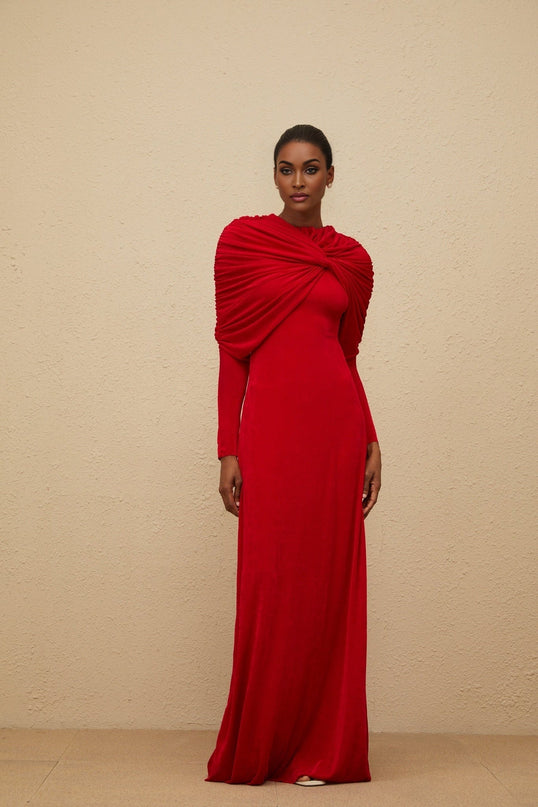 Federica Red Maxi Dress with Cape Design and Ruched Detailing