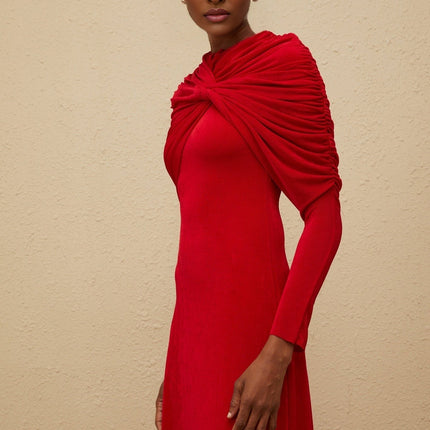 Federica Red Maxi Dress Round Neck Long Sleeves Stretch Design Cape Ruched Detailing Straight Hem Rear Zip Fastening Terylene Fiber