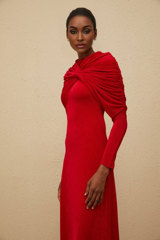Federica Red Maxi Dress Round Neck Long Sleeves Stretch Design Cape Ruched Detailing Straight Hem Rear Zip Fastening Terylene Fiber