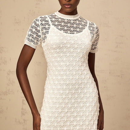 Federica White Crochet Mini Dress Tencel Terylene Sheer Thigh-Length Elegant Short Sleeve Slip Dress