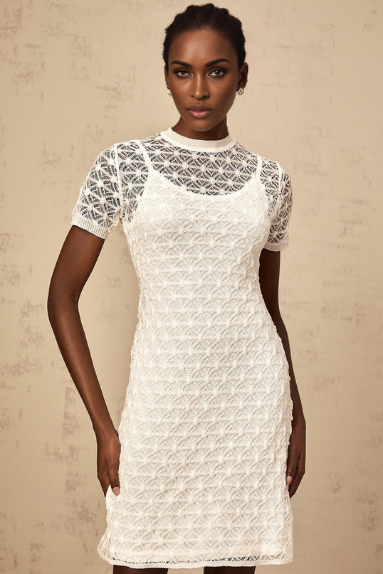 Federica White Crochet Mini Dress Tencel Terylene Sheer Thigh-Length Elegant Short Sleeve Slip Dress