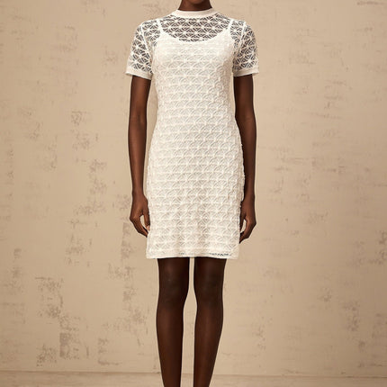Federica White Crochet Mini Dress Tencel Terylene Fiber Thigh Length Semi-Sheer Round Neck Short Sleeves Slip Dress
