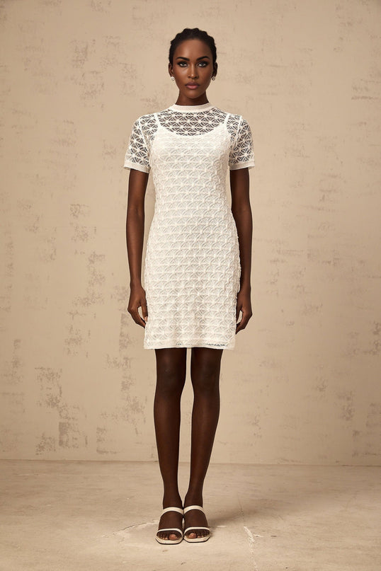 Federica White Crochet Mini Dress Tencel Terylene Fiber Thigh Length Semi-Sheer Round Neck Short Sleeves Slip Dress