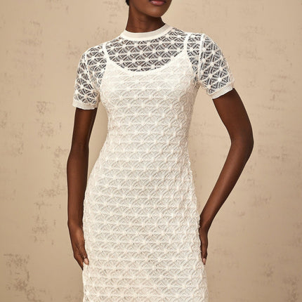 Federica White Crochet Mini Dress Tencel Terylene Blend Thigh-Length Sheer Elegant Round Neck Short Sleeves Slip Dress