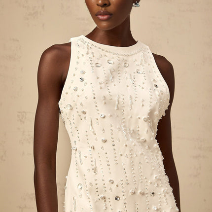 Federica White Crystal Mini Dress Embellished with Faux-Pearls and Sequins
