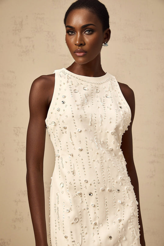 Federica White Crystal Mini Dress Embellished with Faux-Pearls and Sequins