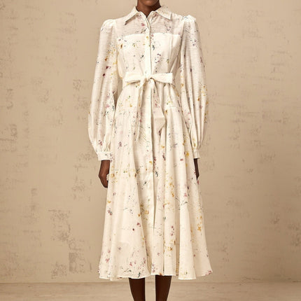 Federica White Floral Midi Dress Long Puff Sleeves Semi-Sheer Tie Waist Calf-Length