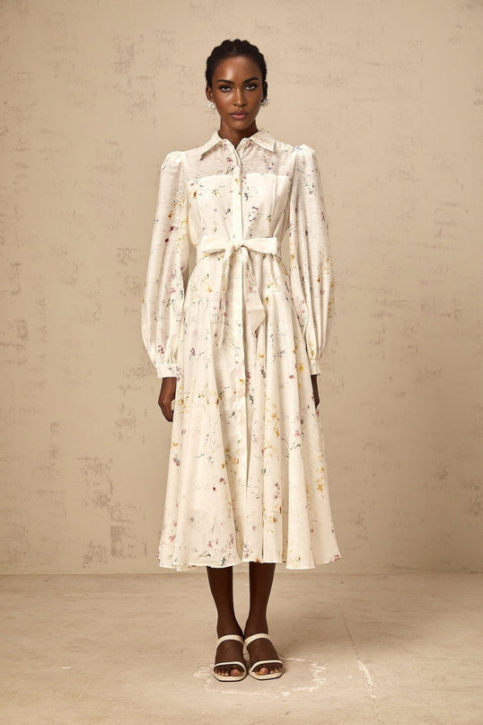 Federica White Floral Midi Dress Long Puff Sleeves Semi-Sheer Tie Waist Calf-Length
