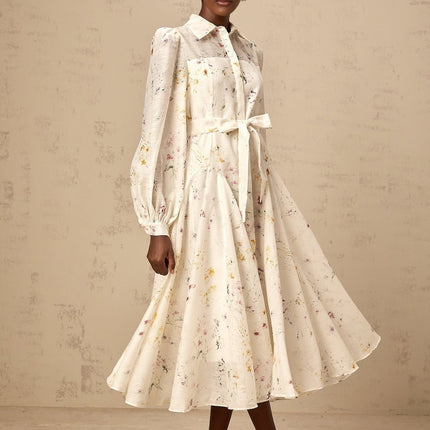 Federica White Floral Midi Dress with Long Puff Sleeves