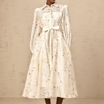 Federica White Floral Midi Dress Semi-sheer Long Sleeve Button Front Tie Waist