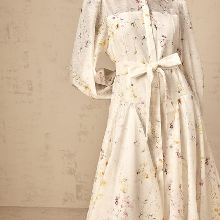 Federica White Floral Midi Dress with Puff Sleeves and Tied Waist
