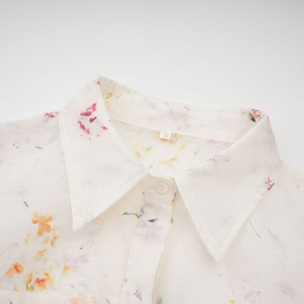 Federica White Floral Midi Dress with Puff Sleeves and Tied Waist