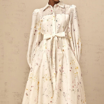 Federica White Floral Midi Dress Long Sleeve Semi-sheer Tie Waist Calf-length Front Button Fastening