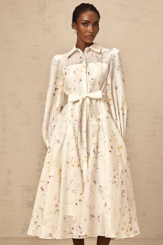 Federica White Floral Midi Dress Long Sleeve Semi-sheer Tie Waist Calf-length Front Button Fastening
