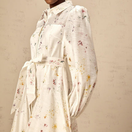 Federica White Floral Midi Dress with Long Puff Sleeves and Tied Waist