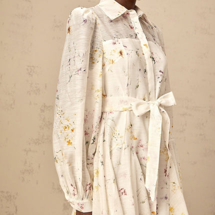 Federica White Floral Midi Dress with Puff Sleeves and Button Fastening