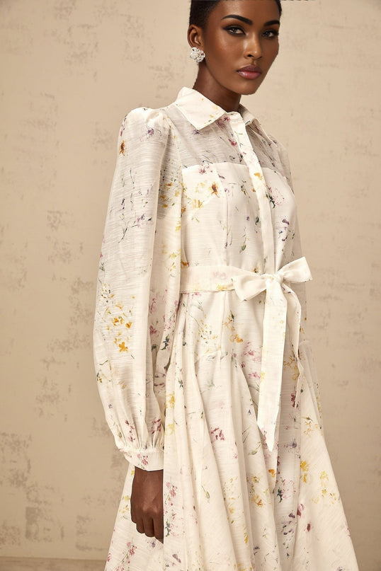 Federica White Floral Midi Dress with Puff Sleeves and Button Fastening