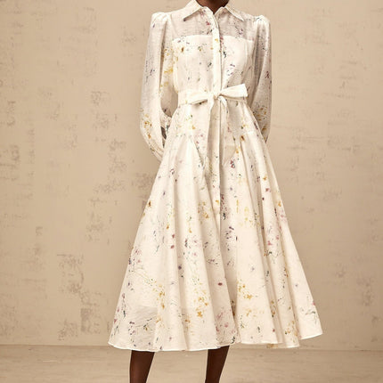 Federica White Floral Midi Dress with Long Puff Sleeves and Tied Waist