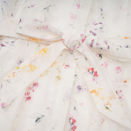 Federica White Floral Midi Dress with Puff Sleeves and Tied Waist