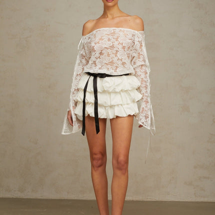 Federica White Lace Skirt Top Set Terylene Fiber Puff Style Tiered Design