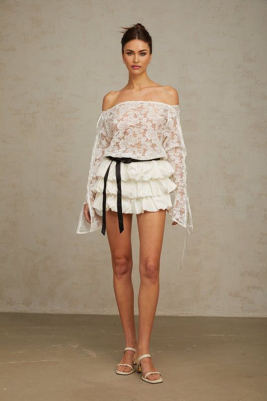Federica White Lace Skirt Top Set Terylene Fiber Puff Style Tiered Design