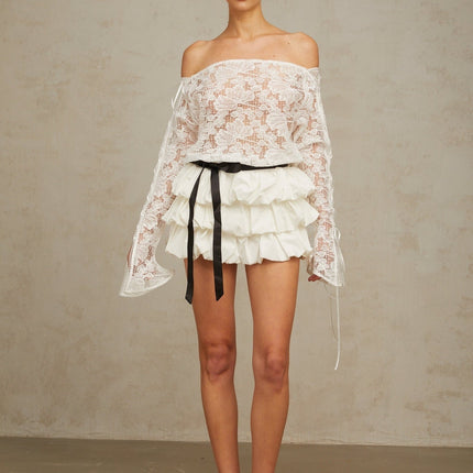 Federica White Lace Skirt Top Set Terylene Fiber Puff Style Tiered Design