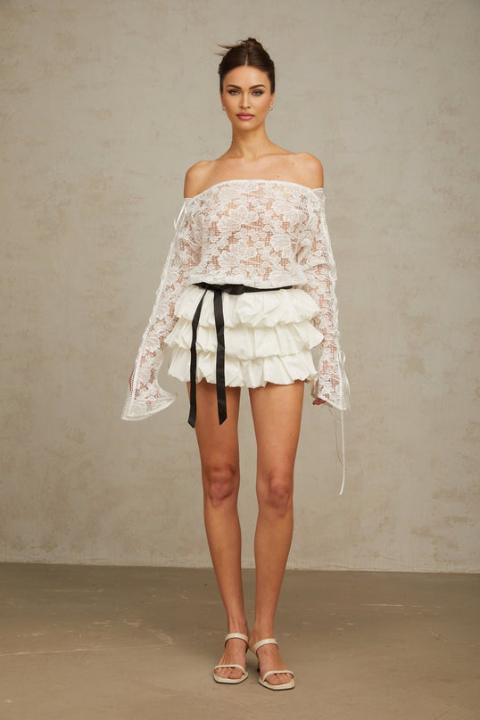 Federica White Lace Skirt Top Set Terylene Fiber Puff Style Tiered Design